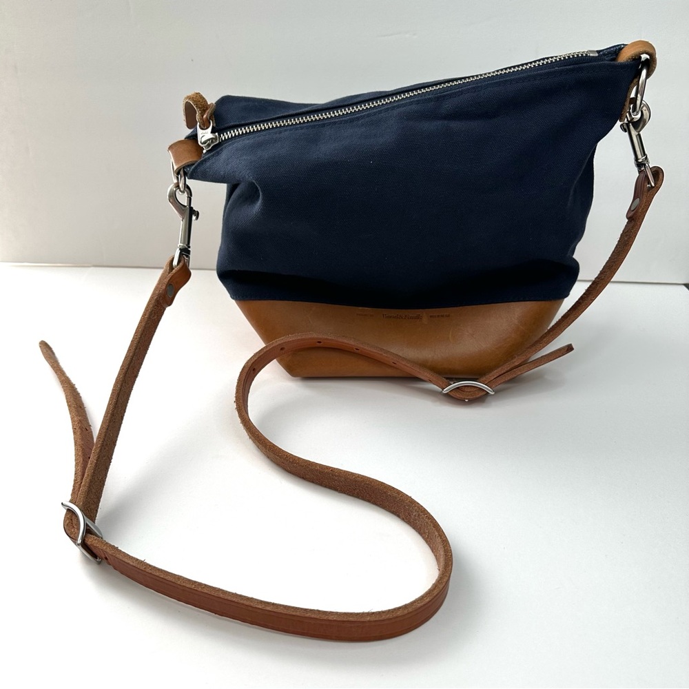 Wood & Faulk Leather Canvas Field Bag Navy brown